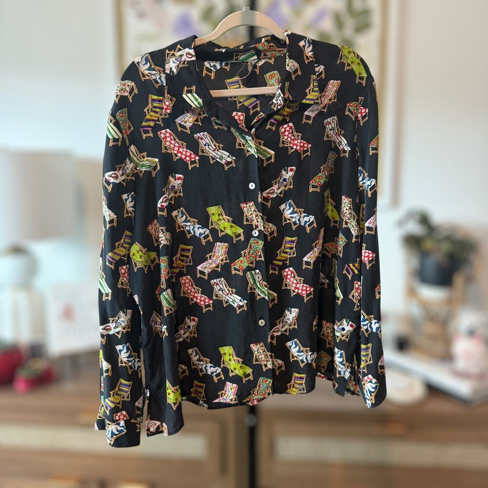 Vintage Nicole Taylor Beaded Beach Chair 100% Silk Button Down Best Fit Medium